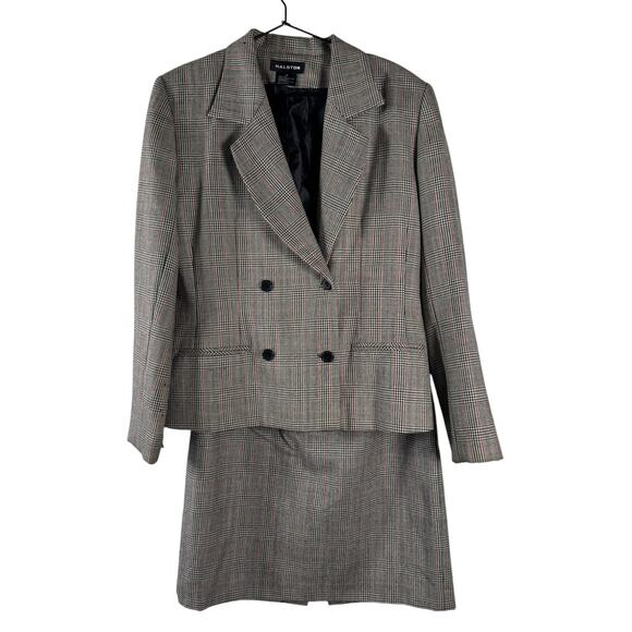 Halston Womens Multicolor Plaid Tweed Double-Breasted 100% Wool Skirt Suit Sz 12